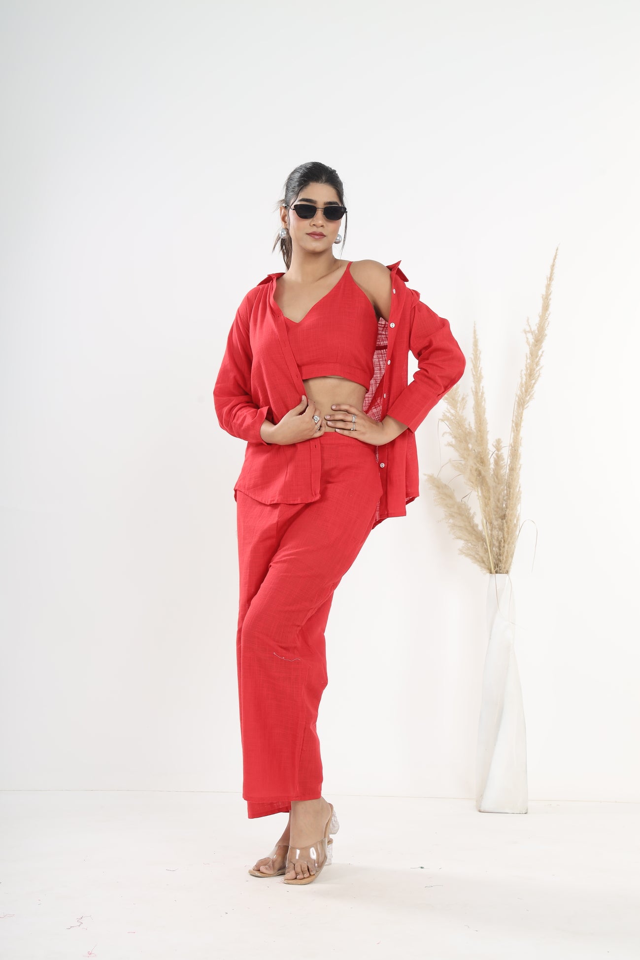 Srishti Textile Red Khadi Co-ord Set for Stylish Comfort Cord Set red-khadi-co-ord-set-stylish-profile-shirt-pants