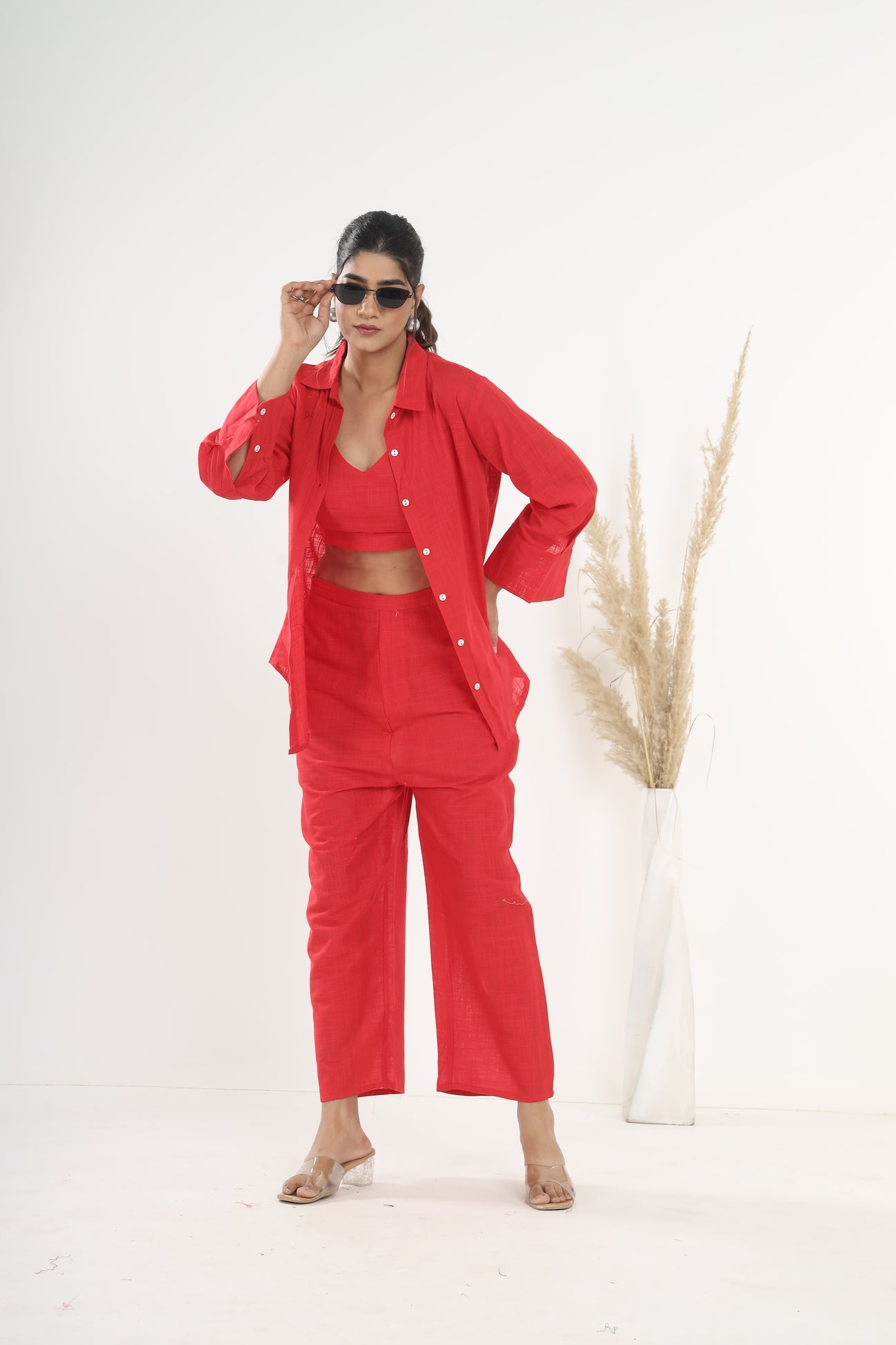 Srishti Textile Red Khadi Co-ord Set for Stylish Comfort Cord Set red-khadi-co-ord-set-stylish-view-crop-pants