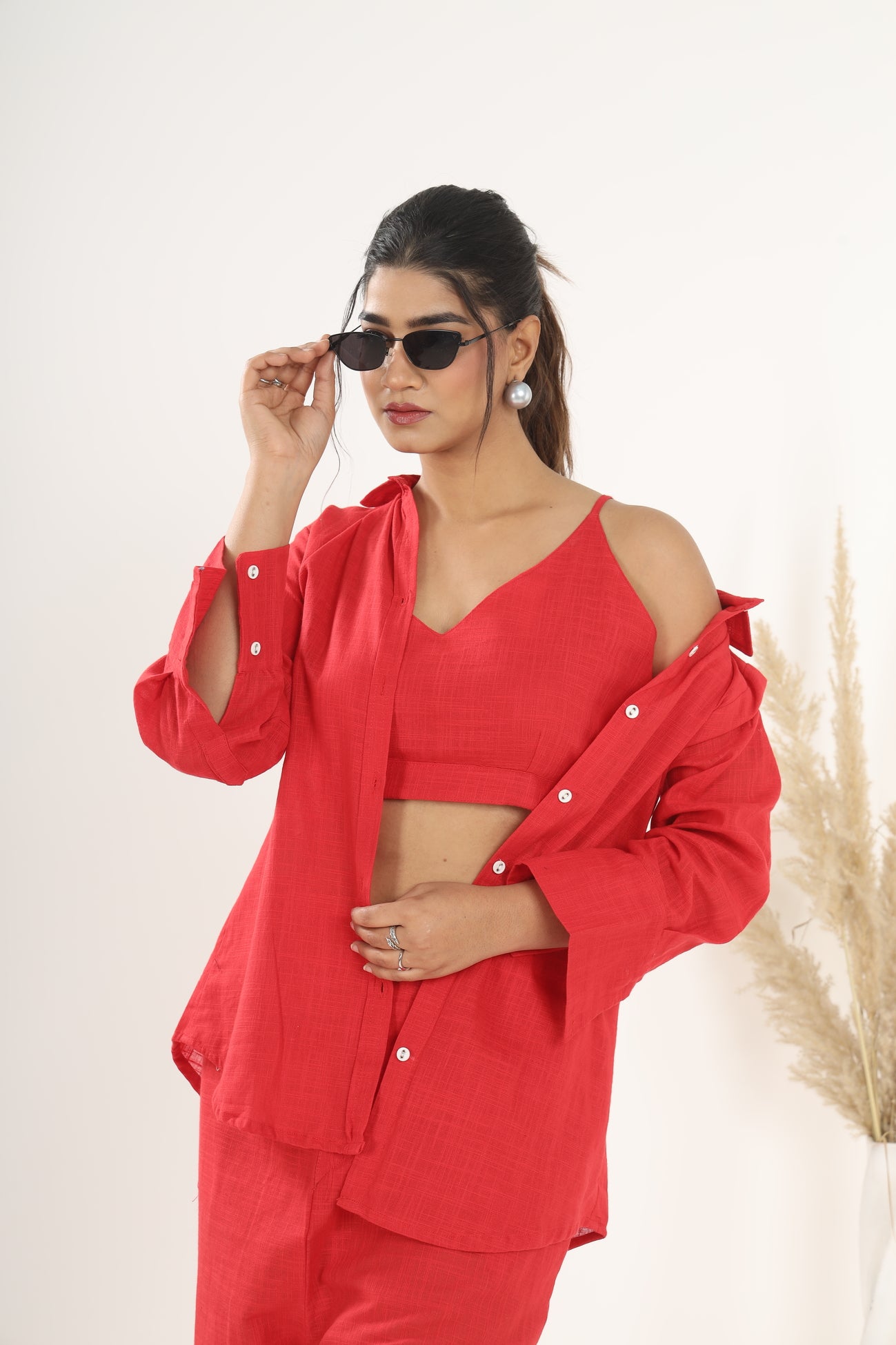 Srishti Textile Red Khadi Co-ord Set for Stylish Comfort Cord Set red-khadi-co-ord-set-zoom-top-shirt