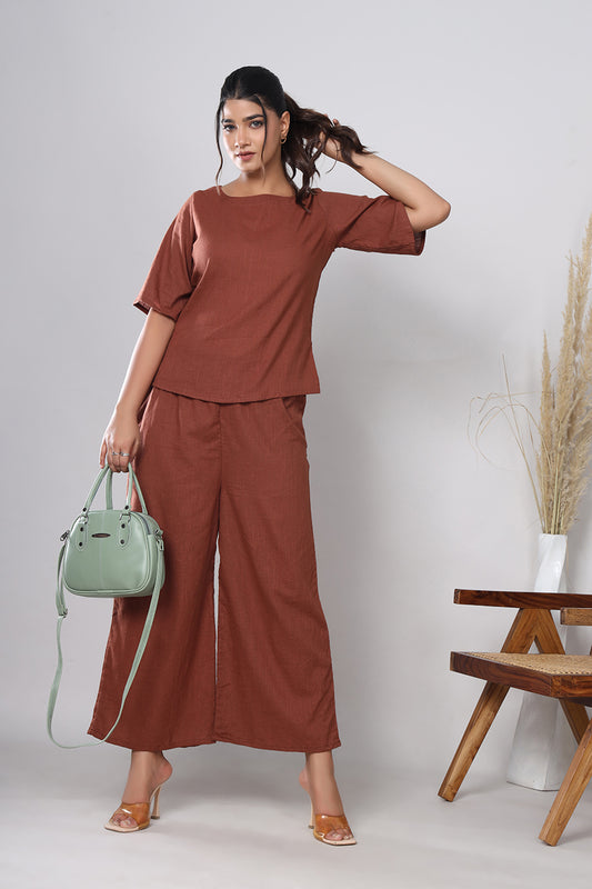 Rust Brown Co-ord Set by Srishti Textile - Stylish Comfort Cord Set rust-brown-co-ord-set-woman-with-handbag