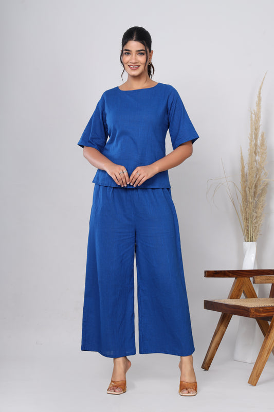 Srishti Textile Blue Khadi Co-ord Set for Stylish Comfort Cord Set srishtitextile-blue-khadi-co-ord-set-front-view-1