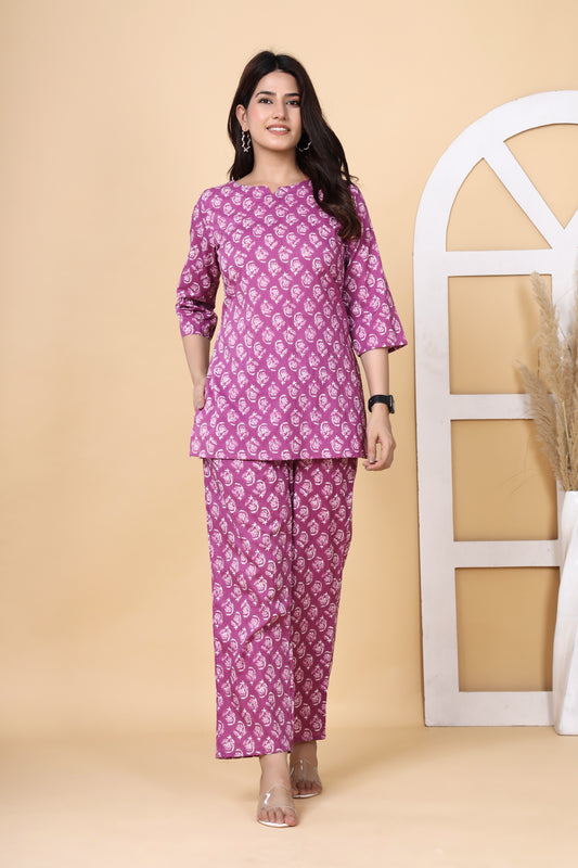 Srishti Textile Deep Purple Cotton Cord Set Cord Set vendor-deep-purple-cotton-cord-set-full-body-front-view