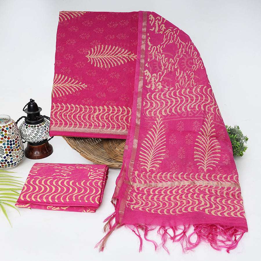 Srishti Textile Pink Chanderi Unstitched Suit Set Chanderi Suit vendor-pink-chanderi-unstitched-suit-embroidered-shawl-and-fabric-set-_1