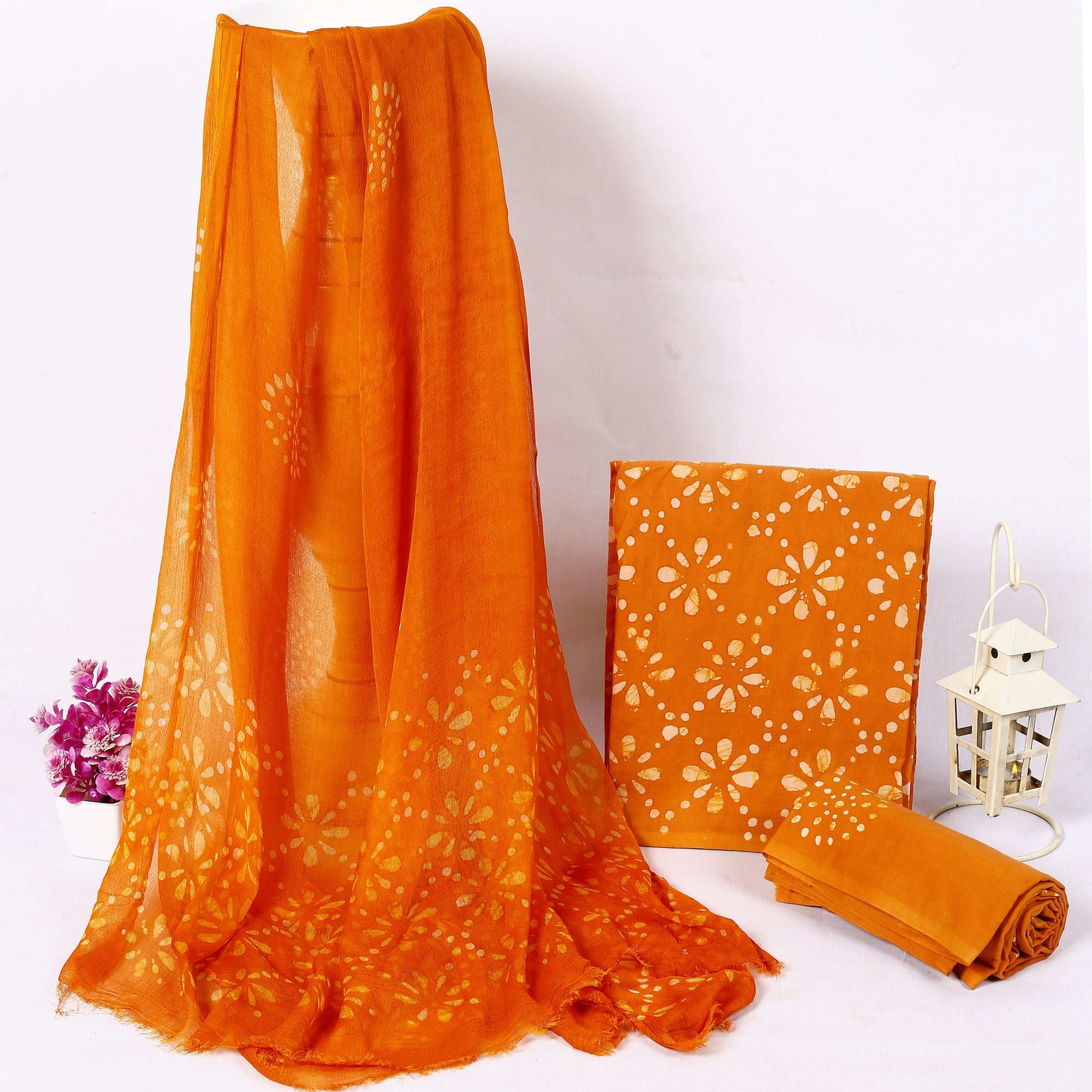Srishti Textile Yellow Floral Batik Cotton Suit Material Unstiched cotton Suit Dress Material yellow-floral-batik-cotton-suit-material-orange-scarf-and-fabric-_1