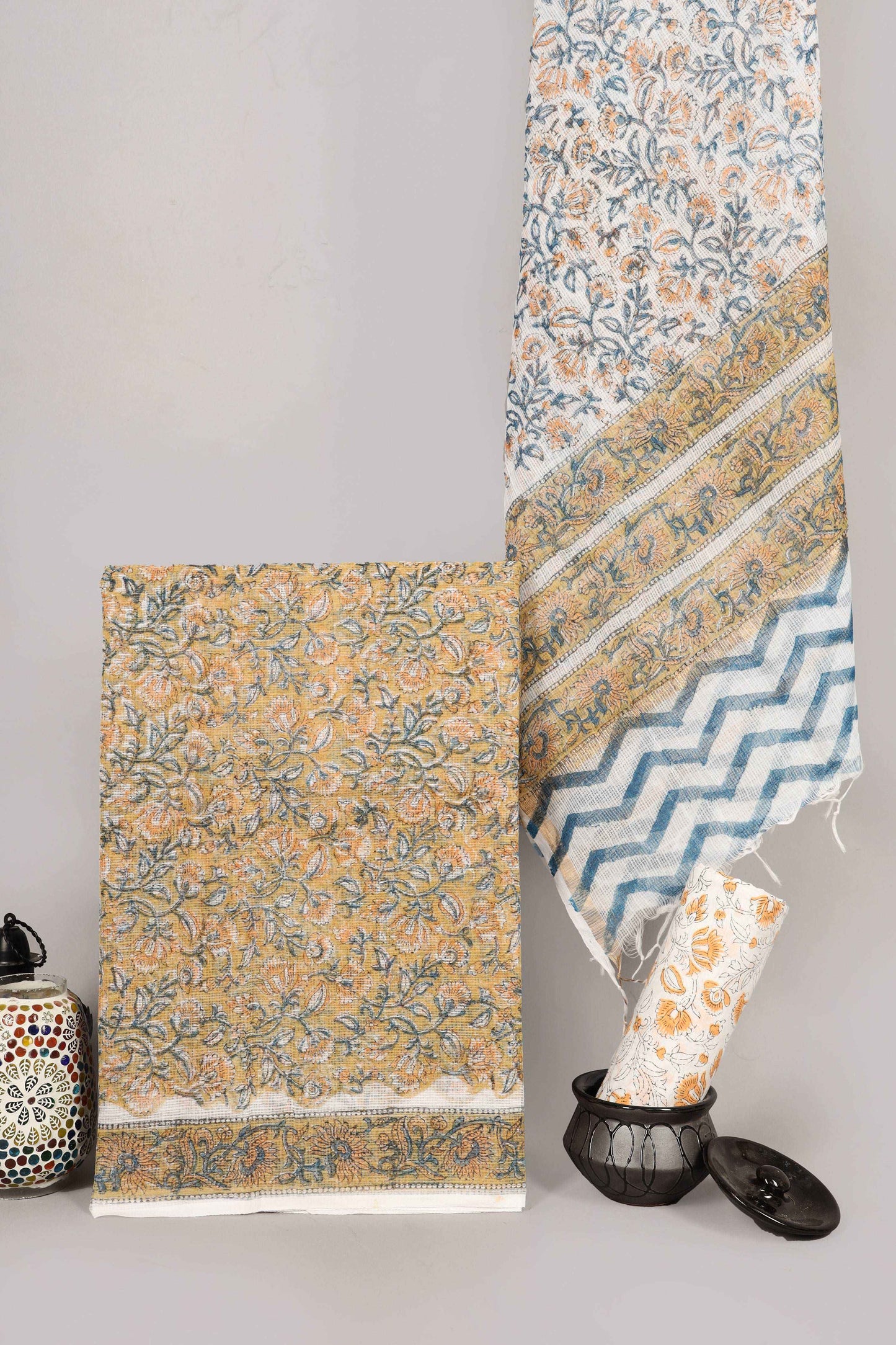 Srishti Textile Yellow Kota Doria Suit - Handblock Printed Sanganeri Handblock Printed Suits yellow-kota-doria-suit-floral-pattern-design-with-blue-trim