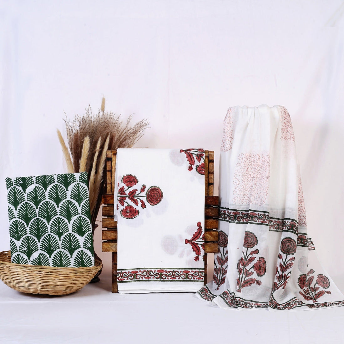 Hand block print cotton suit material, Laal Gulab Buta red rose print on white