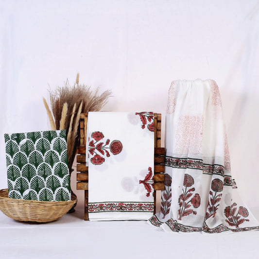 Hand block print cotton suit material, Laal Gulab Buta red rose print on white