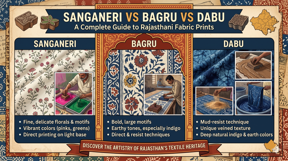 Sanganeri vs Bagru vs Dabu: A Complete Guide to Rajasthani Fabric Prints