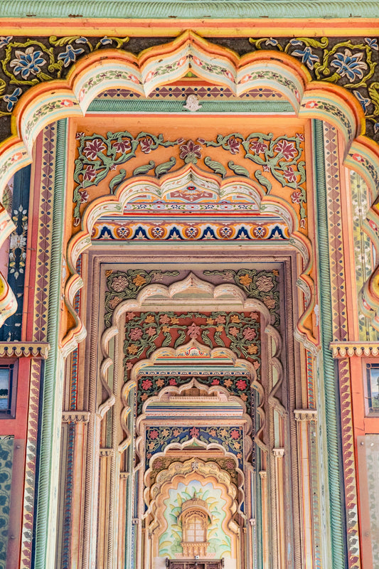 Intricate colorful arches and doorways of an ornate building