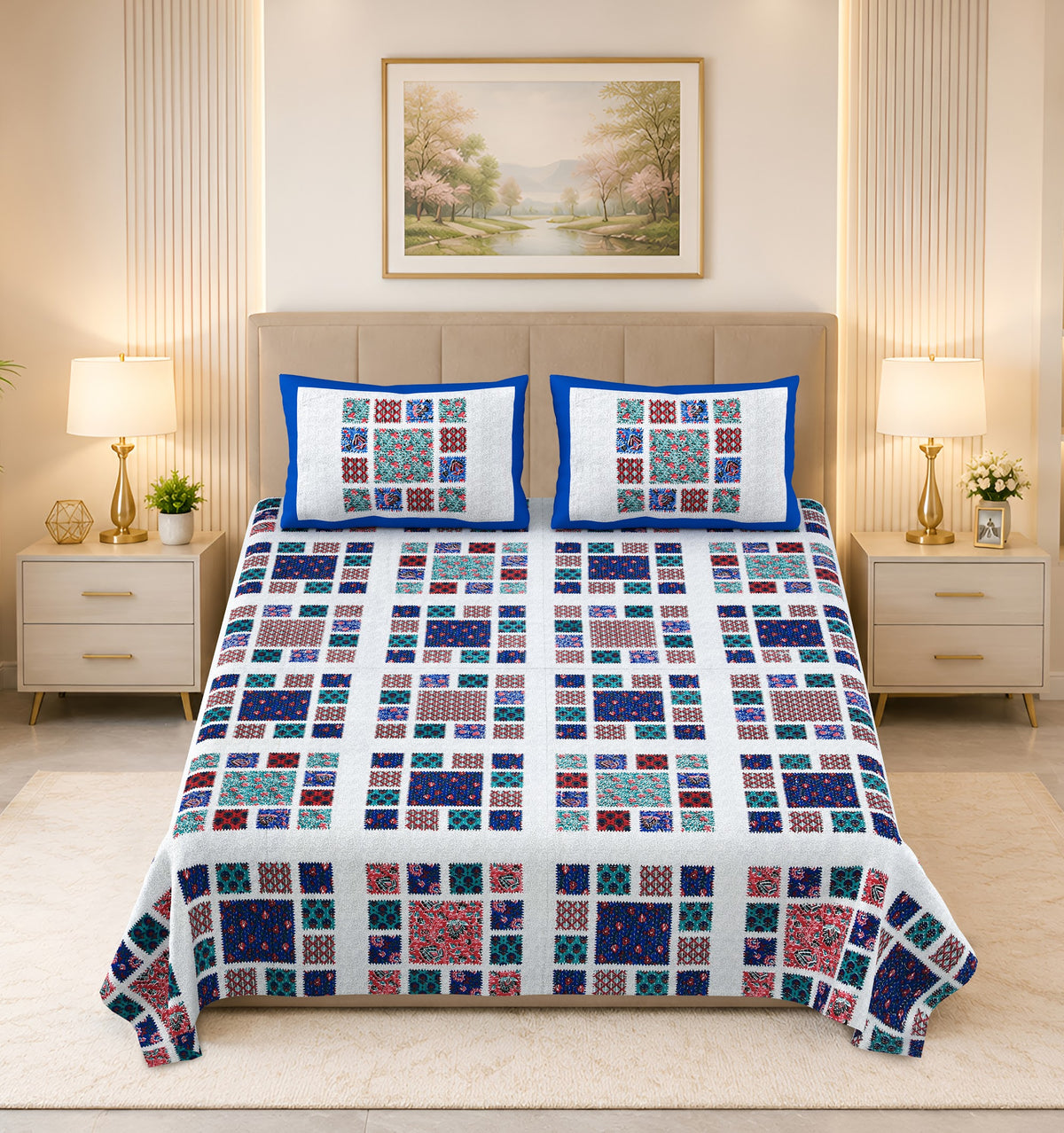 Kalashree Blue Patchwork Check Premium Cotton Double Bedsheet 100x108 with 2 Pillow Covers Bedsheet 1-HIqkebdVPpx6oPFa2XBGujM8060xKZE_w2000