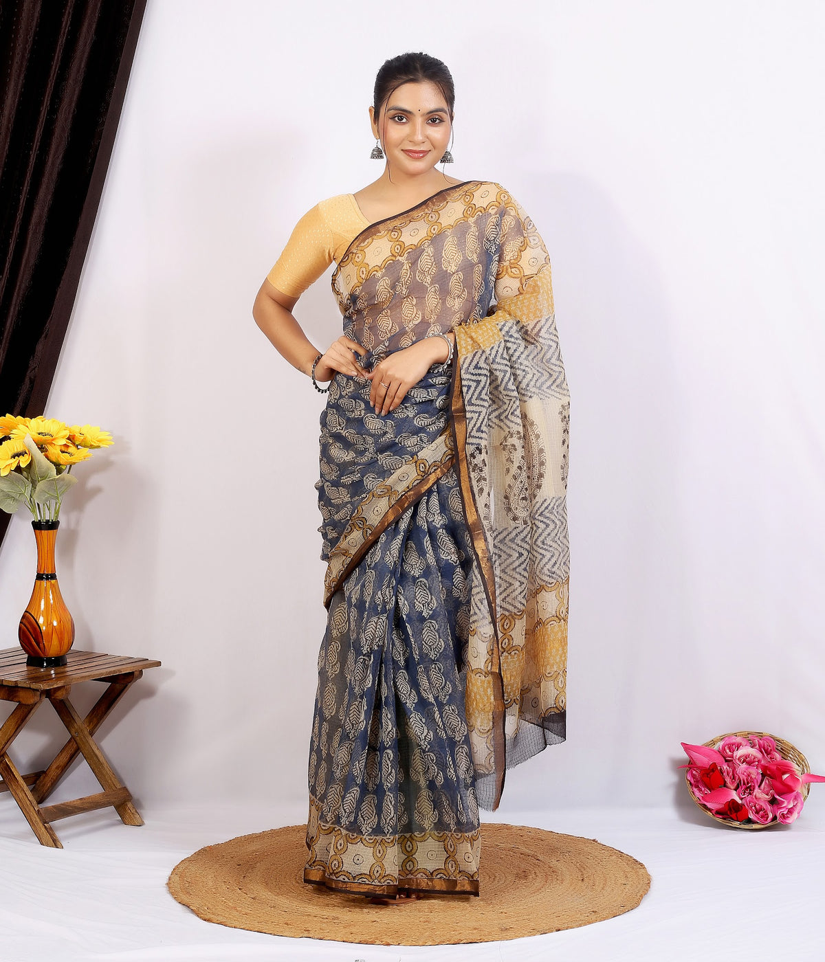 Grey Beige Dabu Buta Kota Doria Hand Block Print Saree with Blouse Saree 1-NFOfIibpkSquew_4uFxqBpnjynlGC_R_w2000
