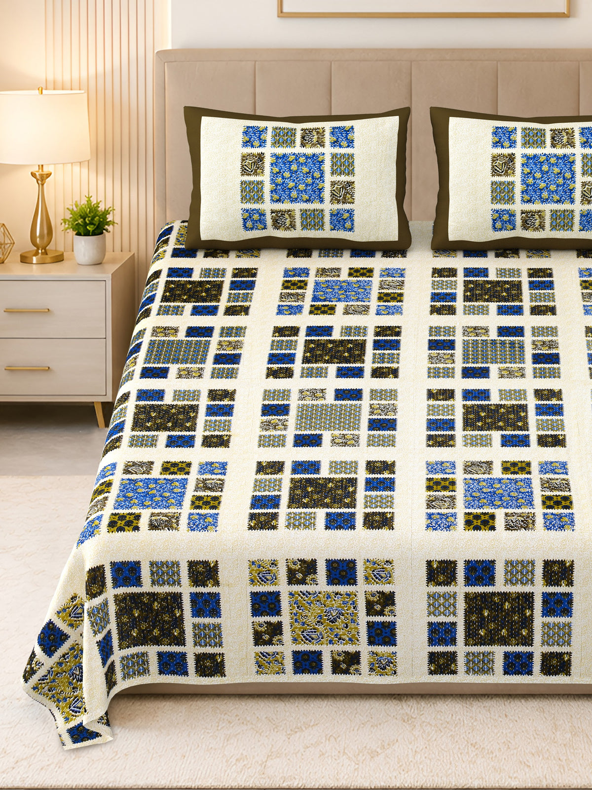 Kalashree Olive Patchwork Check premium cotton double bedsheet 100x108 with 2 pillow covers – olive and multicolour – wholesale Jaipur – view 5
