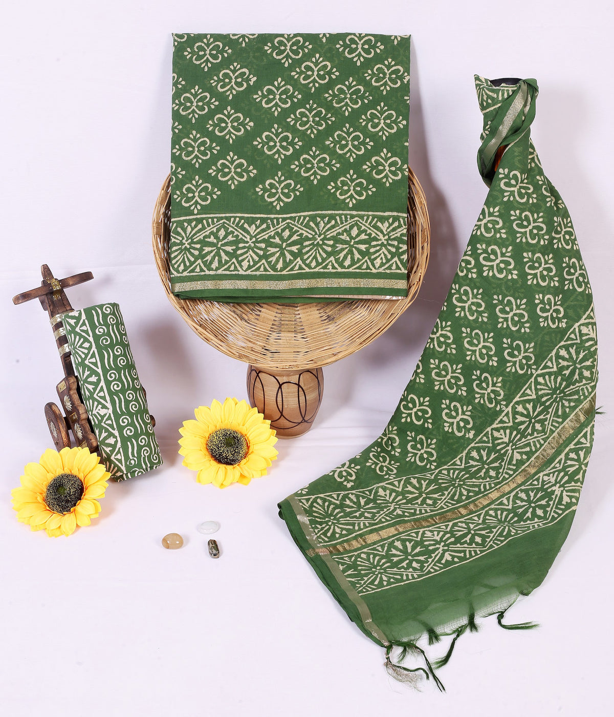 Hara Buta Bottle Green Buta Chanderi silk hand block print suit material