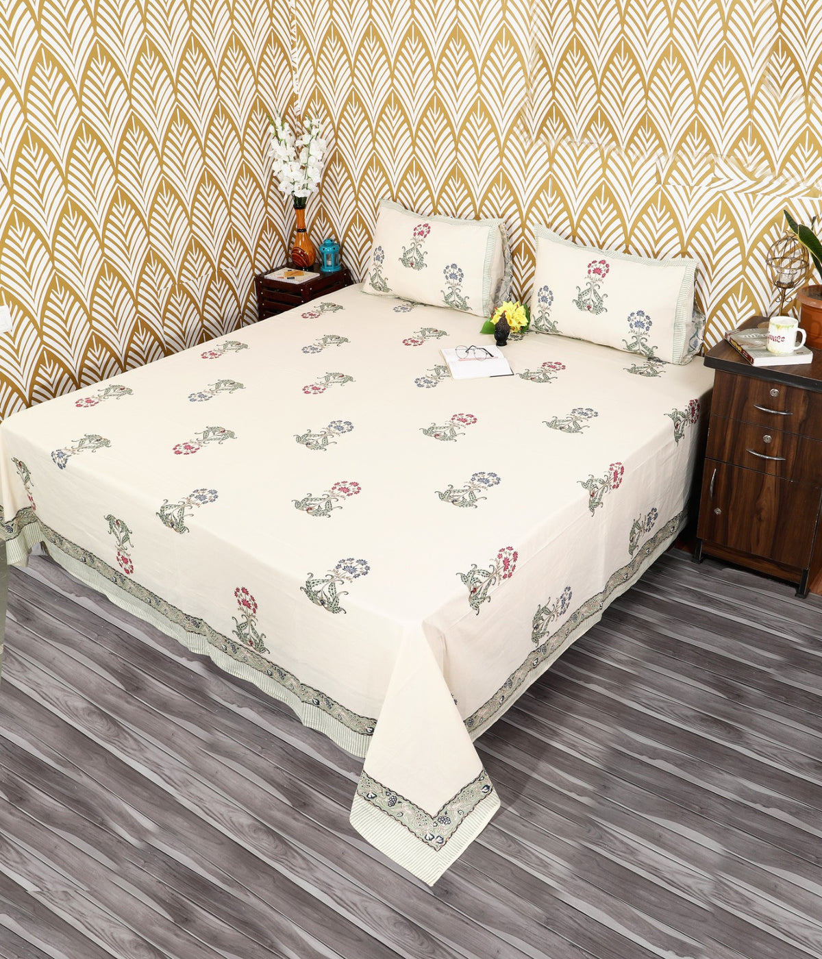 Prakriti Yuvraj Grey Green Mughal Buta Pure Cotton King Size Bedsheet 108x108 with 2 Pillow Covers Bedsheet 1-WEoxsbj1YQx_LSyTbMc__q8C7SbkdAK_w2000