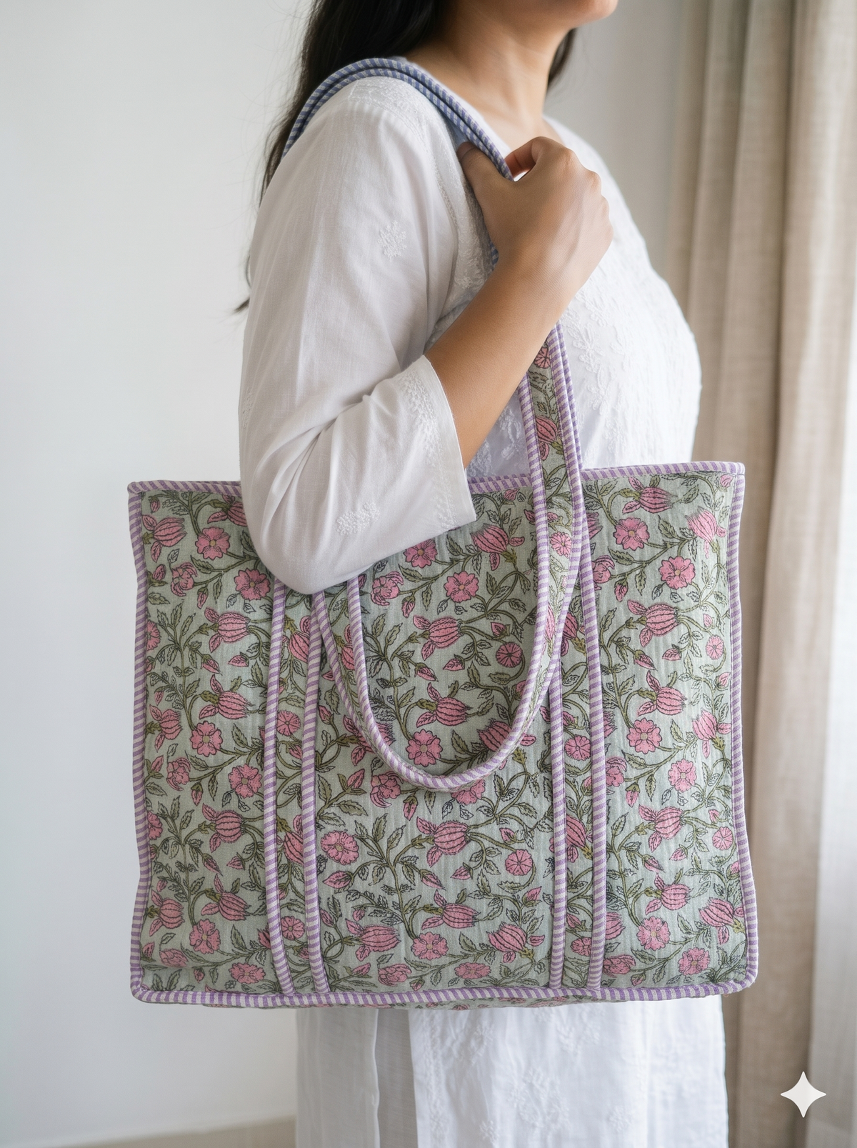 Jaipuri Printed Quilted Cotton Tote Bag | Gulabi Hari Jaal – Pink Green Floral | 18x18 inch | Zipper & Inside Pocket | Wholesale Tote Bag 1-cWpBTCdhSbBP8OLibyMdBDR8tsHHJCC_w2000