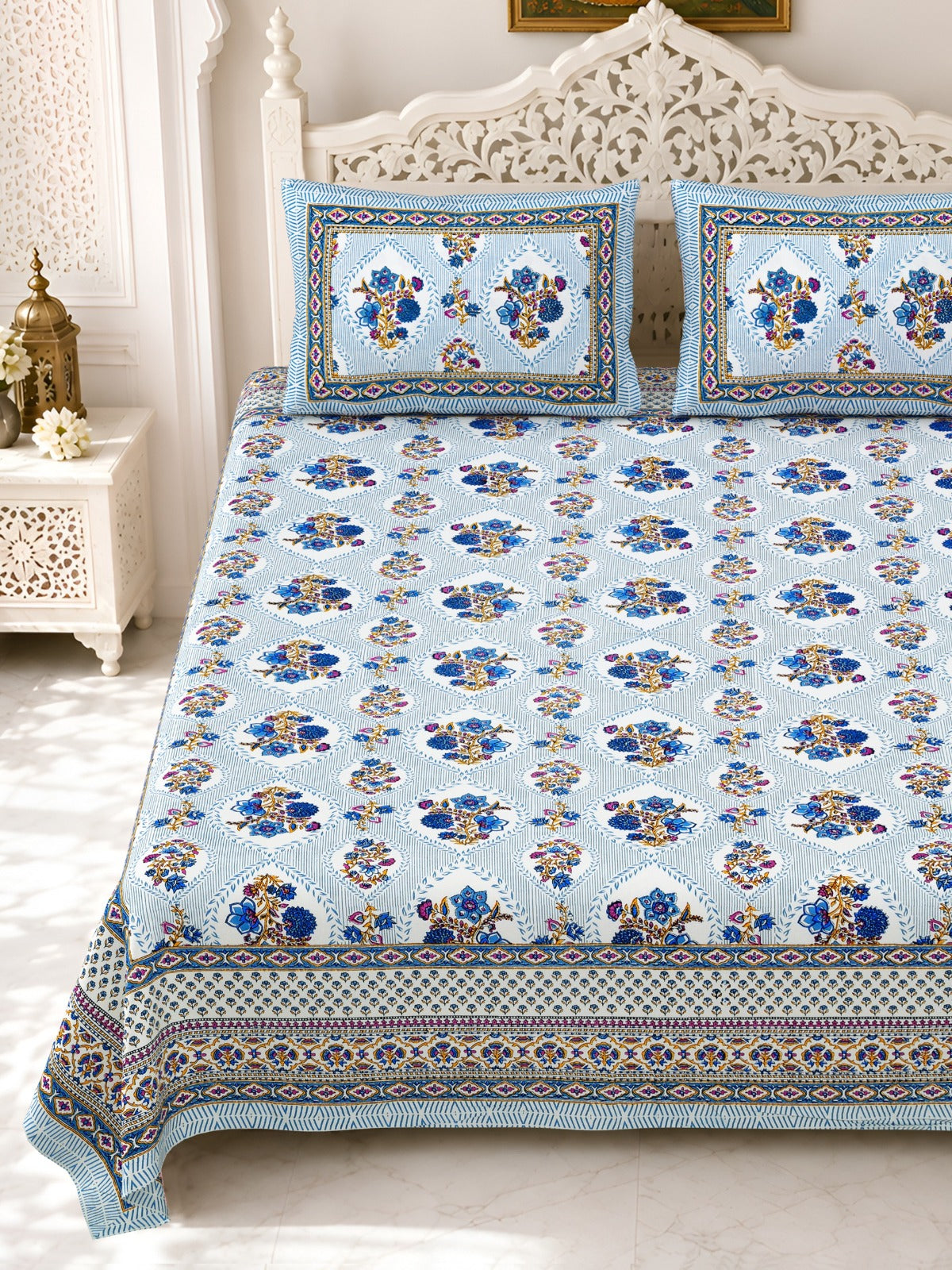 Premium Royal Block Blue Floral Buta Cotton Double Bedsheet 90x108 with 2 Pillow Covers Bedsheet 1-fdNqyXn4UDdoCCTooAJ6EARB2BC5zxd_w2000