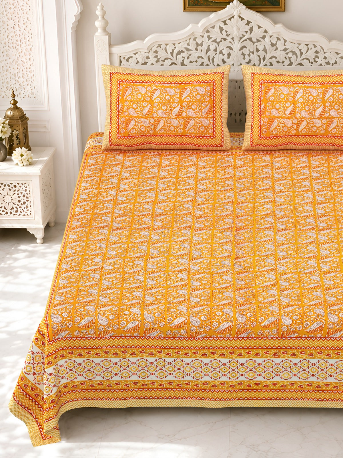 Premium Royal Block Orange Booti Cotton Double Bedsheet 90x108 with 2 Pillow Covers Bedsheet 10-j7MKdOWFYNvilvVjDC3a556BhgPdaa_w2000