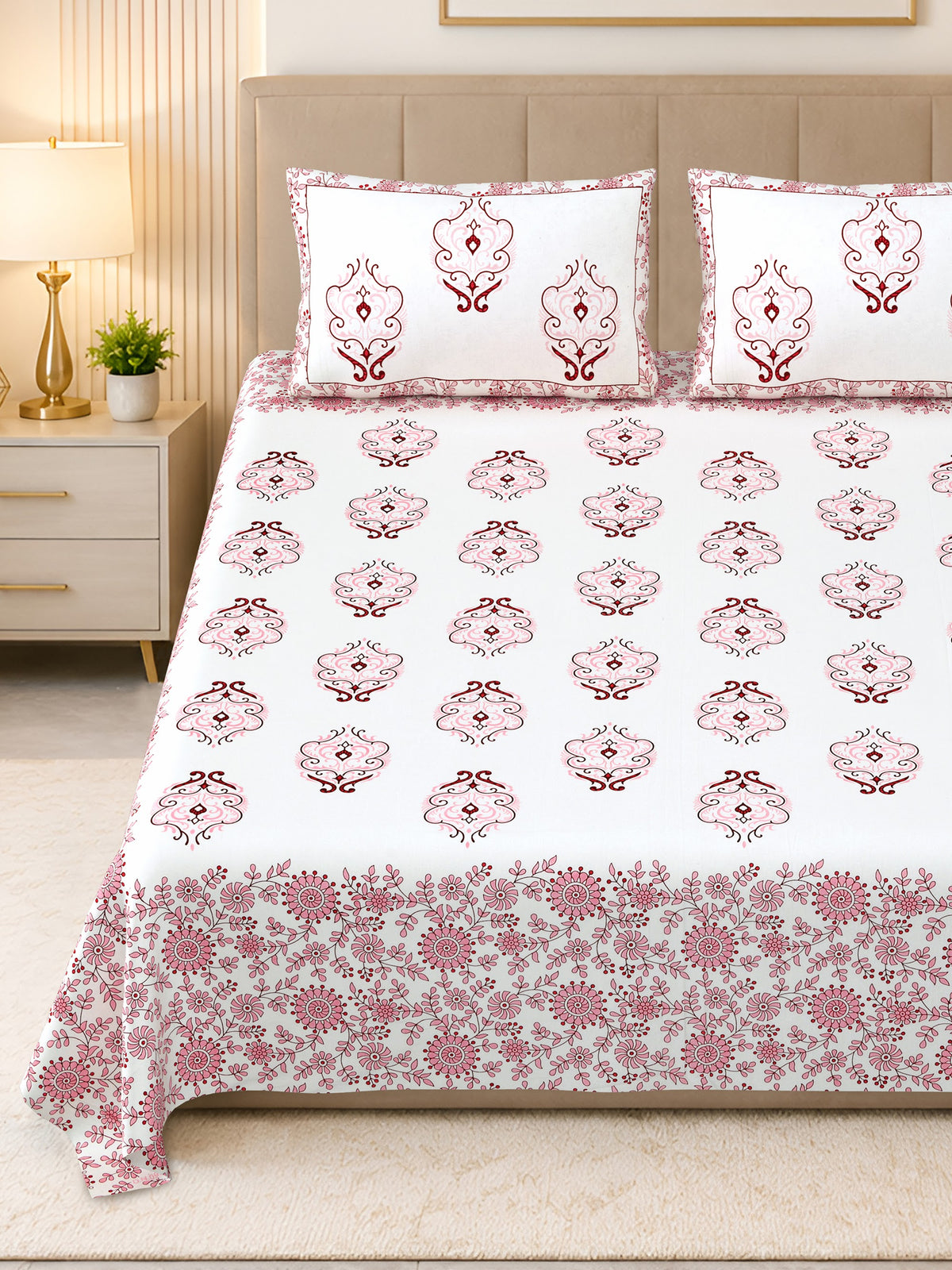 Kalashree Pink Paisley Border premium cotton double bedsheet 100x108 with 2 pillow covers – pink – wholesale Jaipur – view 3