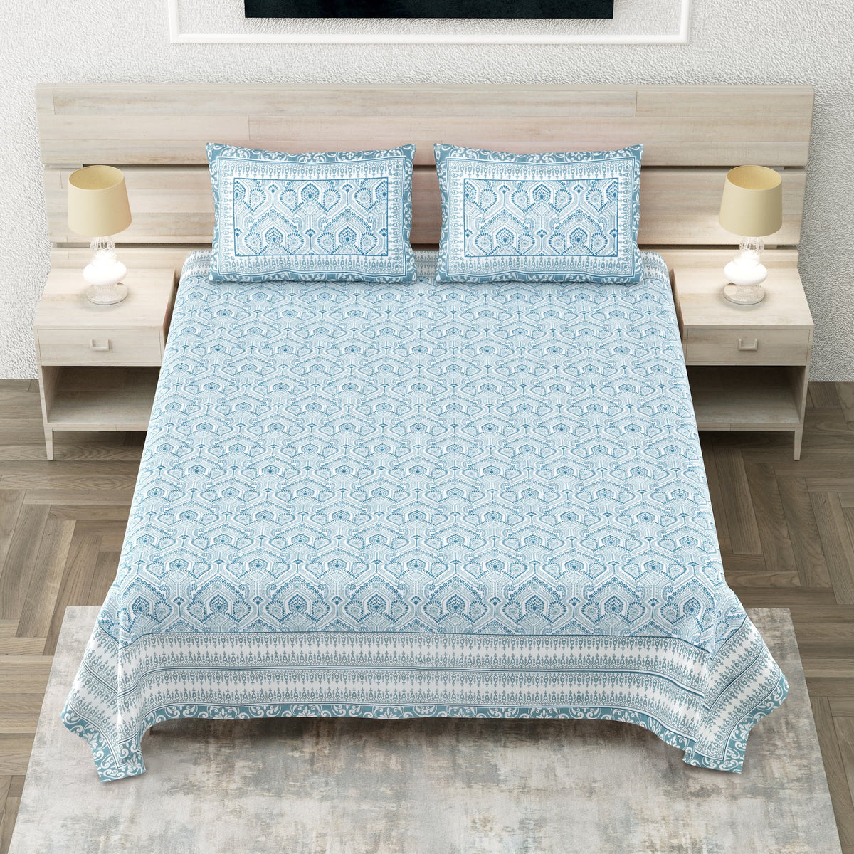 Avantika Sky Blue Ogee Trellis Cotton King Bedsheet 108x108 With 2 Pillow Covers Bedsheet 10FQ377Mu_vnNFof60DVCQ776_Q4nm8sy_w2000