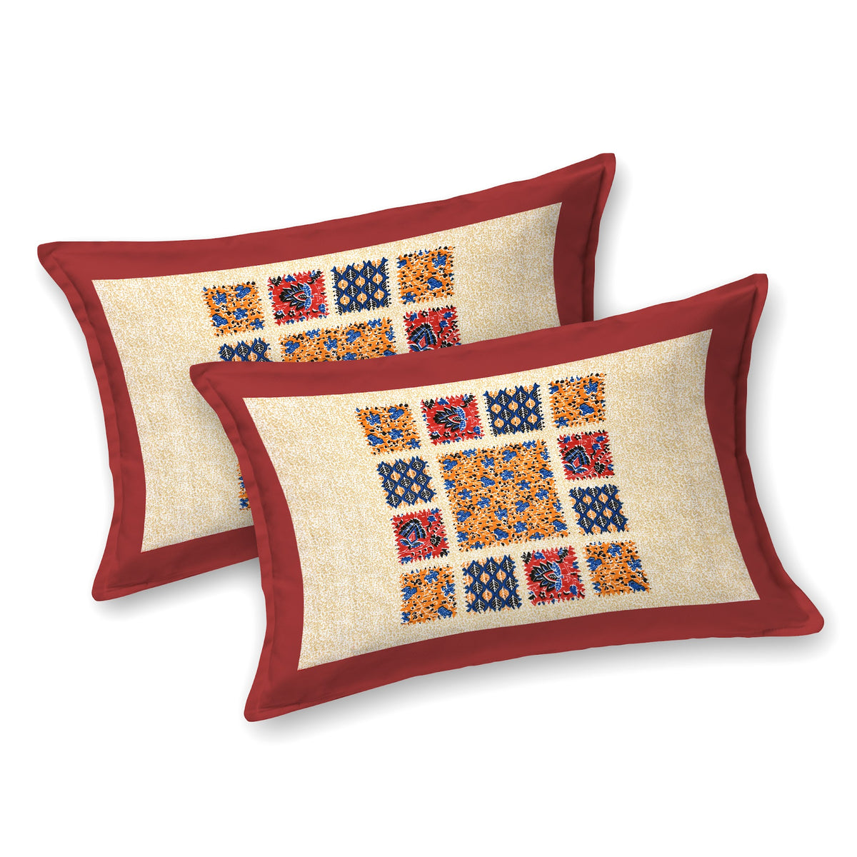 Kalashree Maroon Patchwork Check premium cotton double bedsheet 100x108 with 2 pillow covers – maroon and multicolour – wholesale Jaipur – view 2