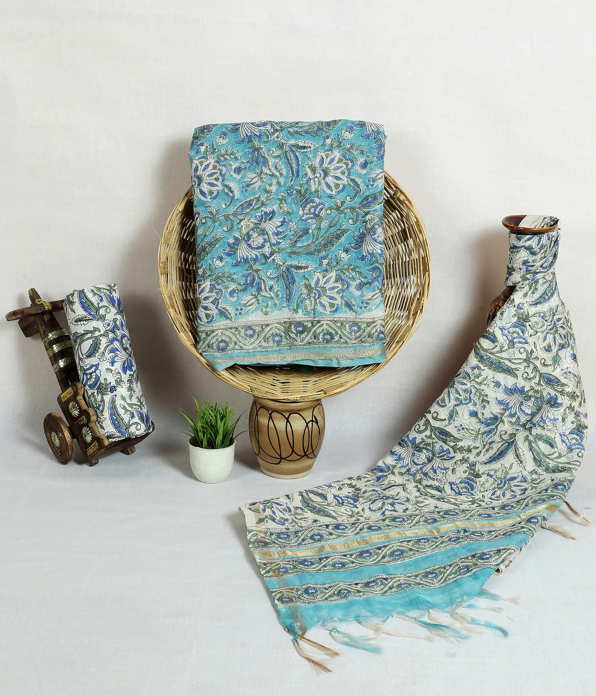 Firozi Phool Jaal Aqua Floral Jaal Chanderi silk hand block print suit material
