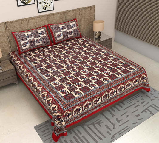 Jaipur Majesty: King Size Bedsheet with Chokda Elephant Print in Red