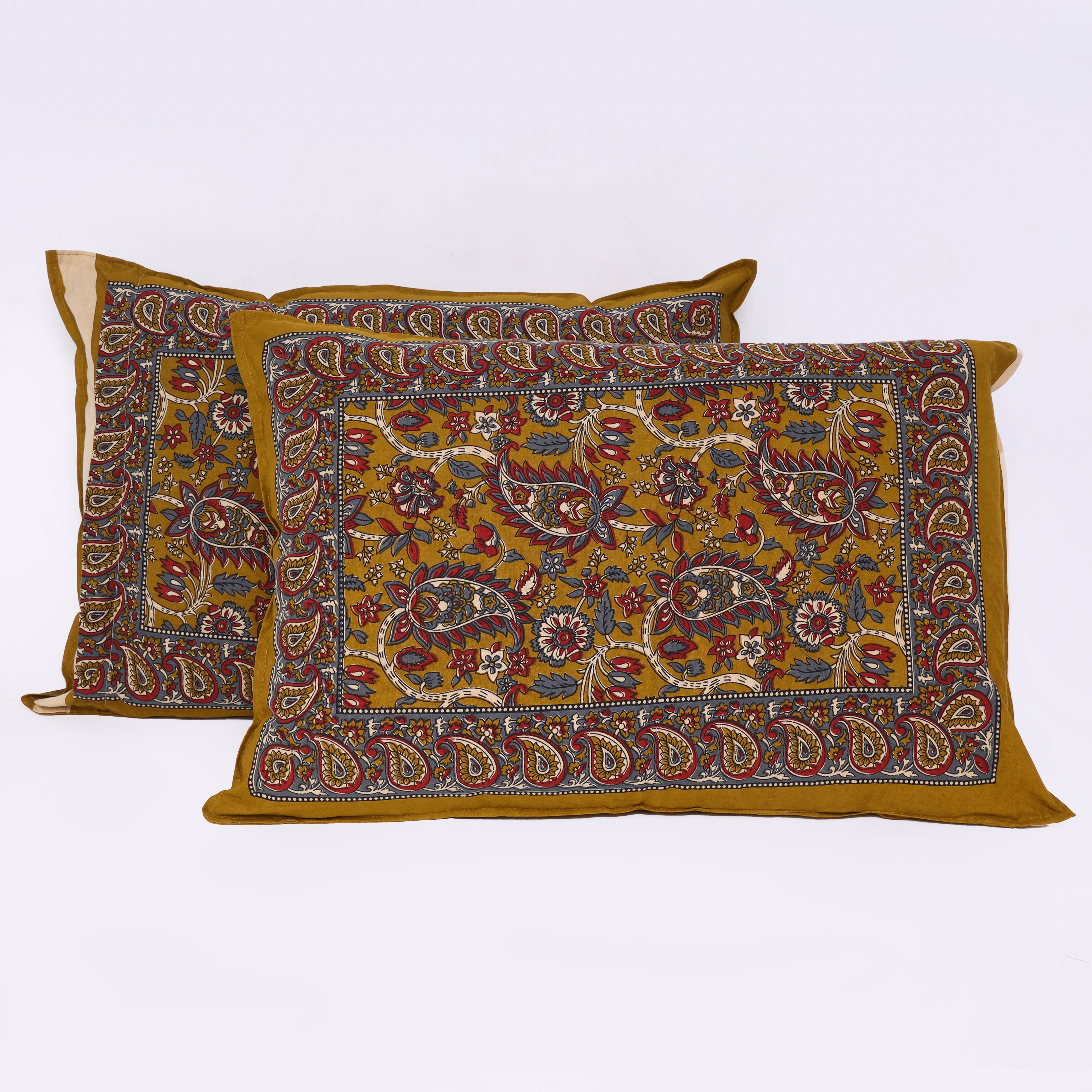 Sun-kissed Serenity: Jaipuri Kalamkari Floral King Size Cotton Bedsheet in Yellowish Orange