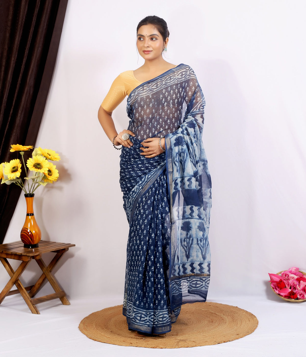 Navy Indigo Buti Dabu Kota Doria dabu hand block print saree with blouse – navy indigo – wholesale Jaipur – view 4