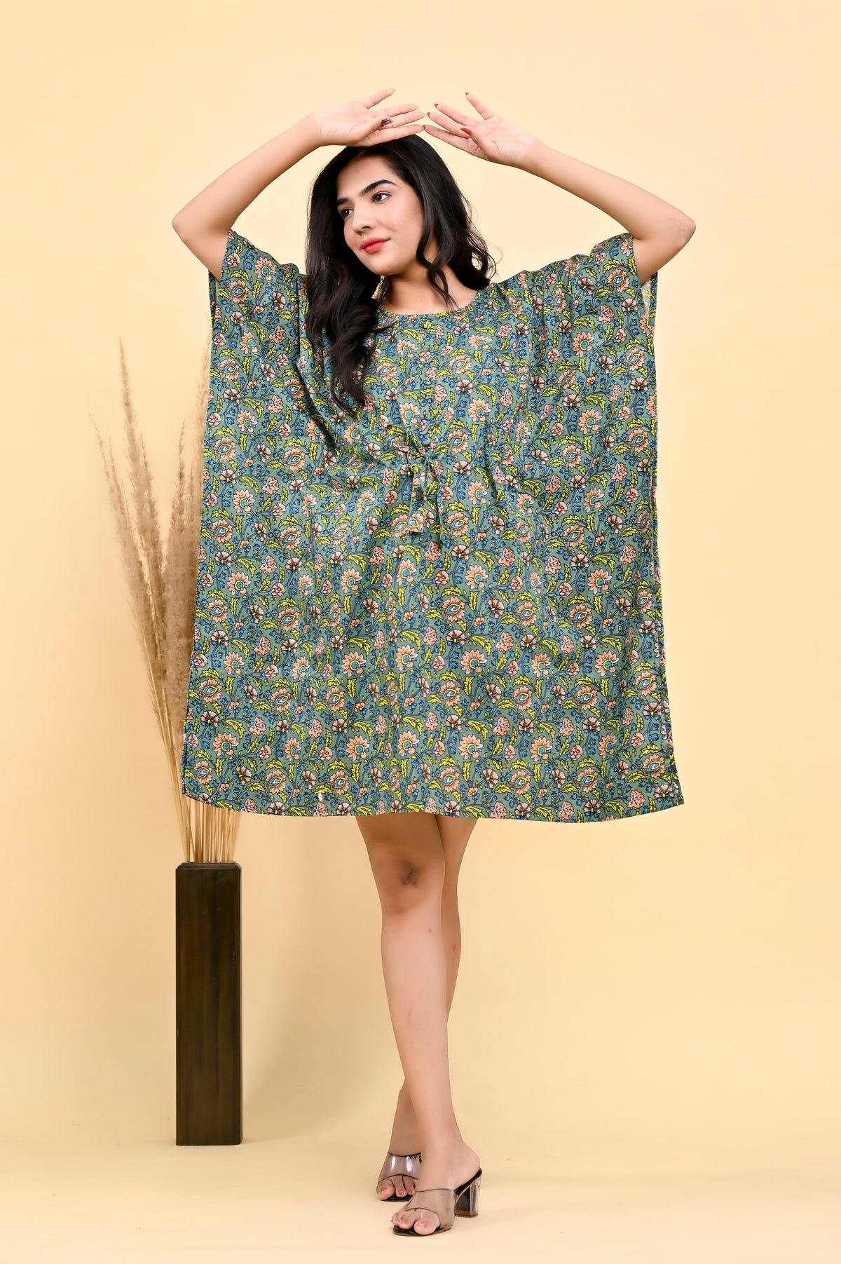 Olive Floral Jaal kaftan dress – make to order wholesale – view 4