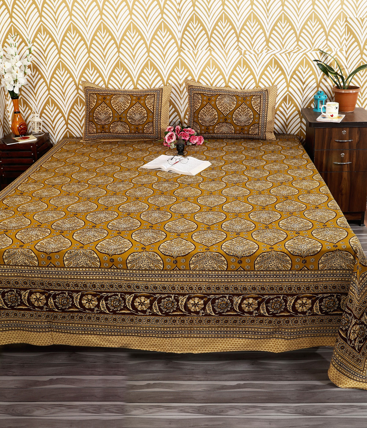 Bagru Mahal Mustard Mughal Medallion Cotton King Size Bedsheet 108x108 with 2 Pillow Covers Bedsheet 11Q30QvnHohfVB4HI6cCRQU4mC_TLCu6v_w2000