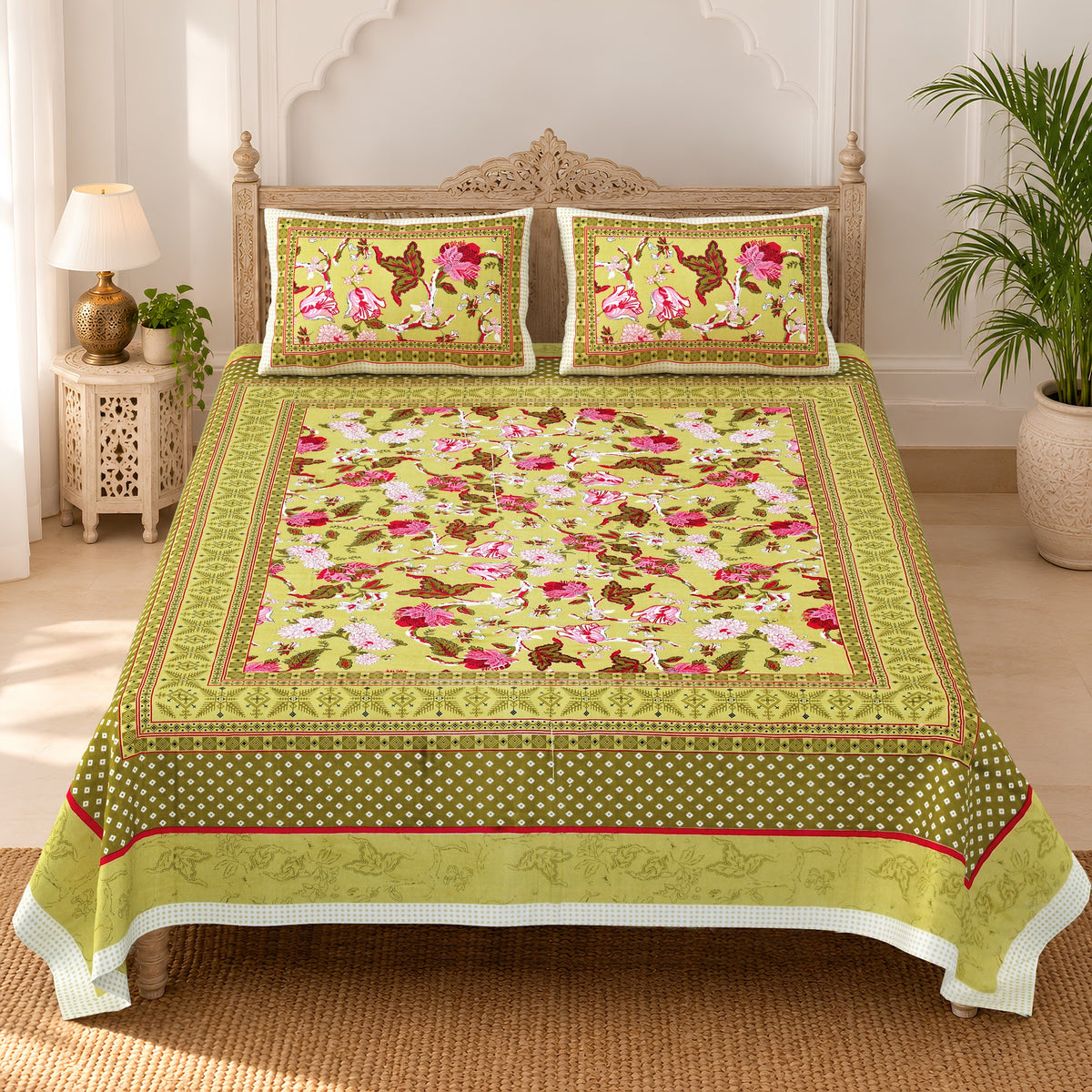 Olive Rose Bouquet pure cotton double bedsheet 90x108 – Unnati collection