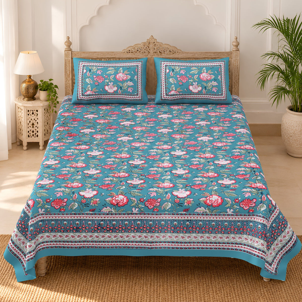 Teal Pink Gulzar Floral pure cotton double bedsheet 90x108 – Unnati collection