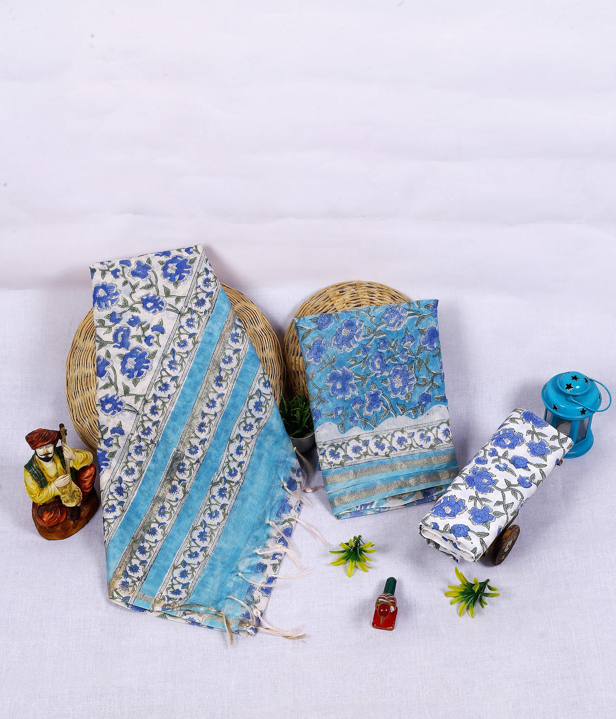Aasmani Phool Dhaari Sky Blue Floral Chanderi silk hand block print suit material