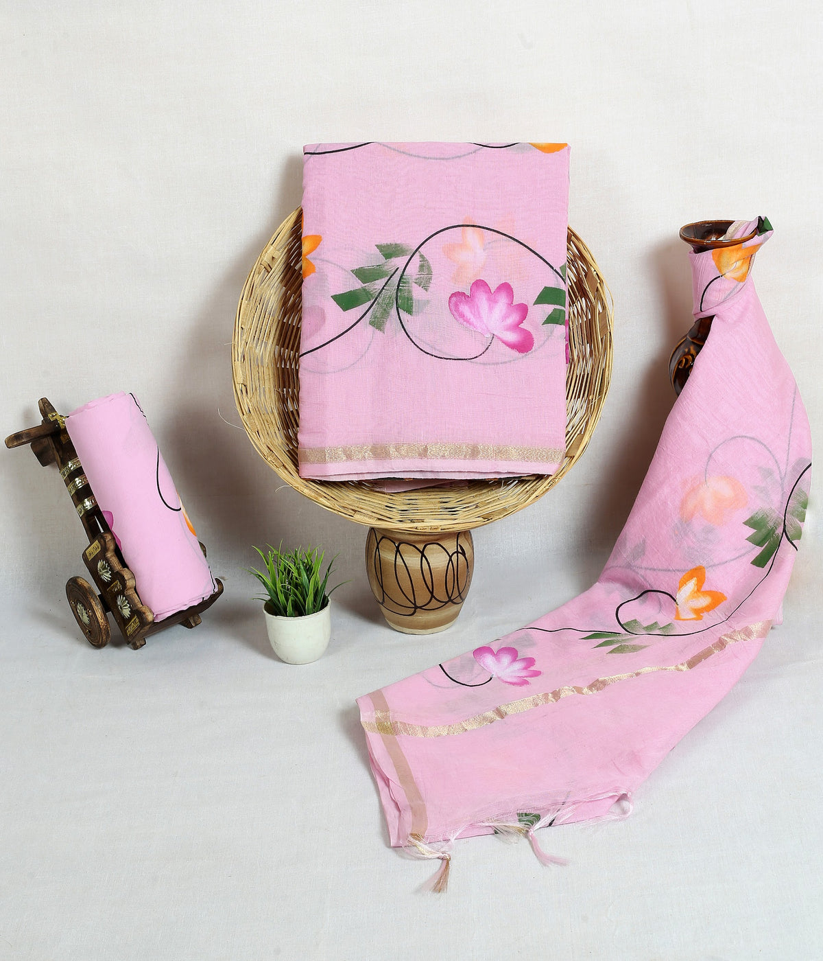 Kamal Rang Pink Painted Lotus Chanderi silk hand-painted suit material