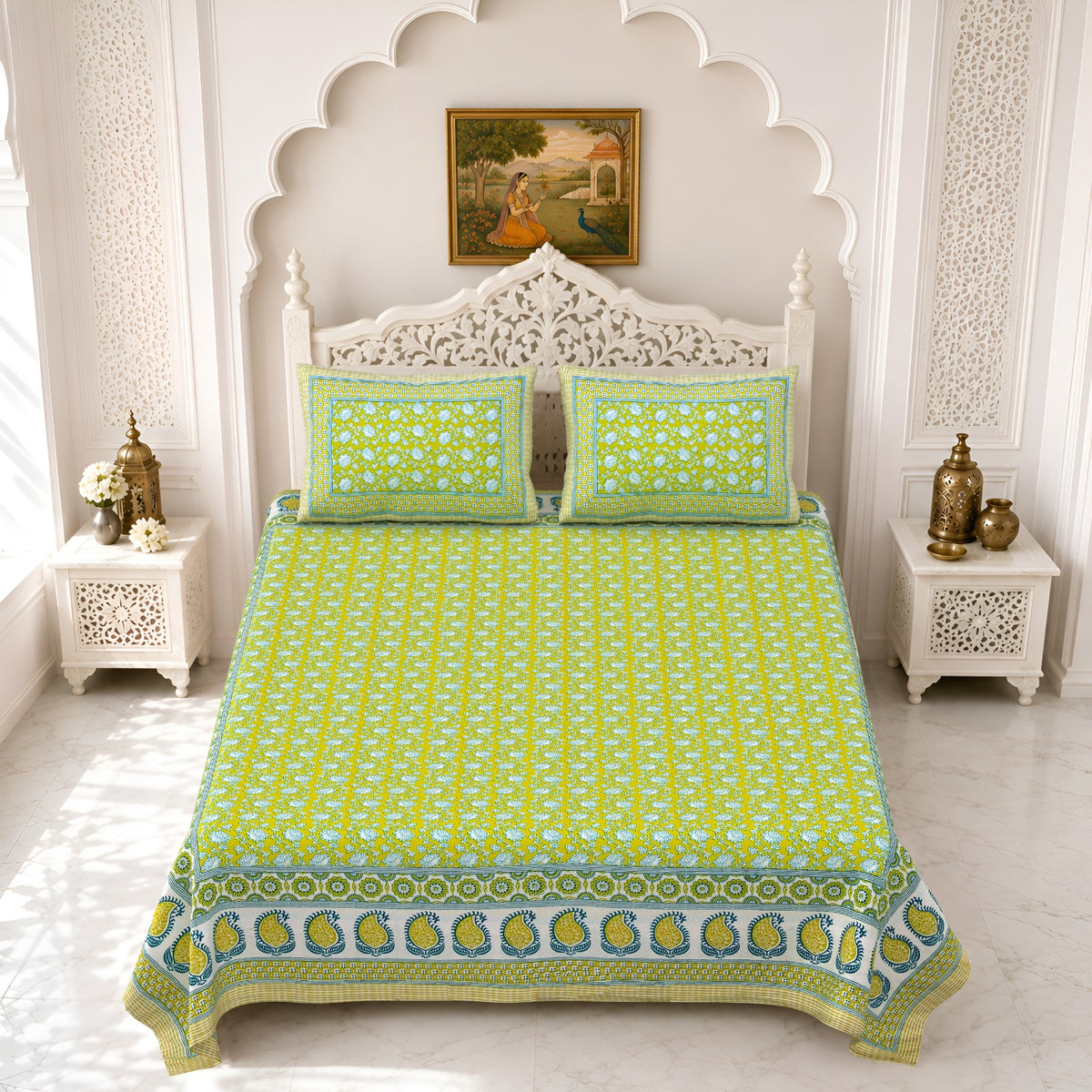 Premium Royal Block Lime Booti Cotton Double Bedsheet 90x108 with 2 Pillow Covers Bedsheet 127GSc-AZZd8ZyCFM0scIrsDNE3tJW6He_w2000