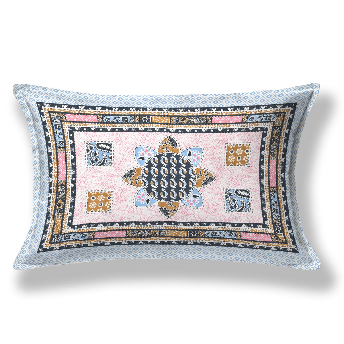 Elora Pink Blue Patchwork Medallion Murugan cotton single bedsheet 60x90 with pillow cover – pink and blue – wholesale Jaipur – view 2
