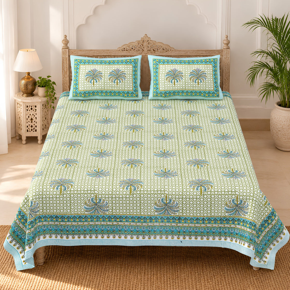 Mint Green Palm Buta pure cotton double bedsheet 90x108 – Unnati collection