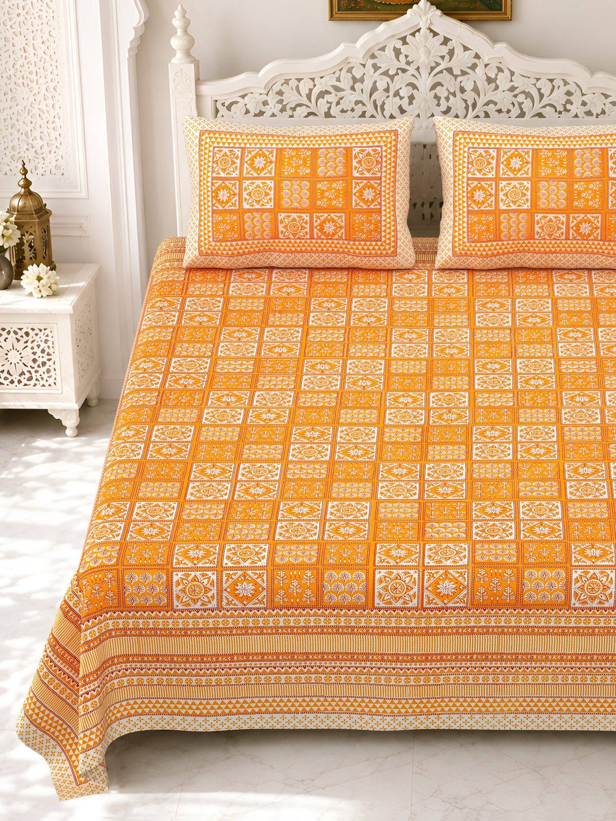 Premium Royal Block Orange Check Cotton Double Bedsheet 90x108 with 2 Pillow Covers Bedsheet 12m_quESV6RFFY_e_azyWNar1x5_fr3uk_w2000