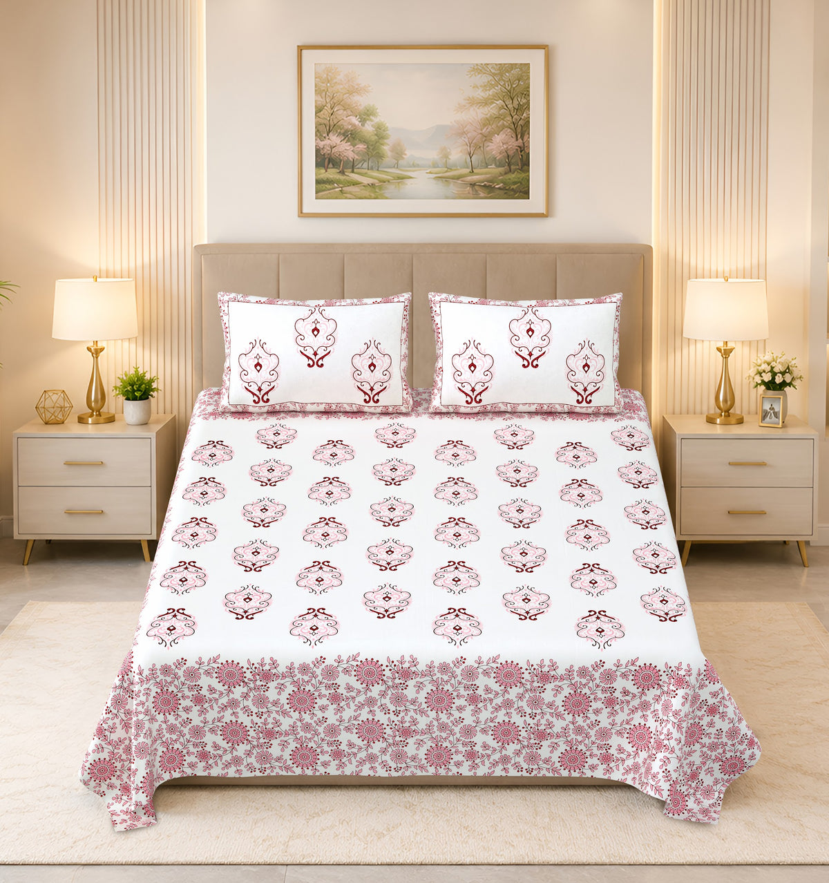 Kalashree Pink Paisley Border premium cotton double bedsheet 100x108 with 2 pillow covers – pink – wholesale Jaipur