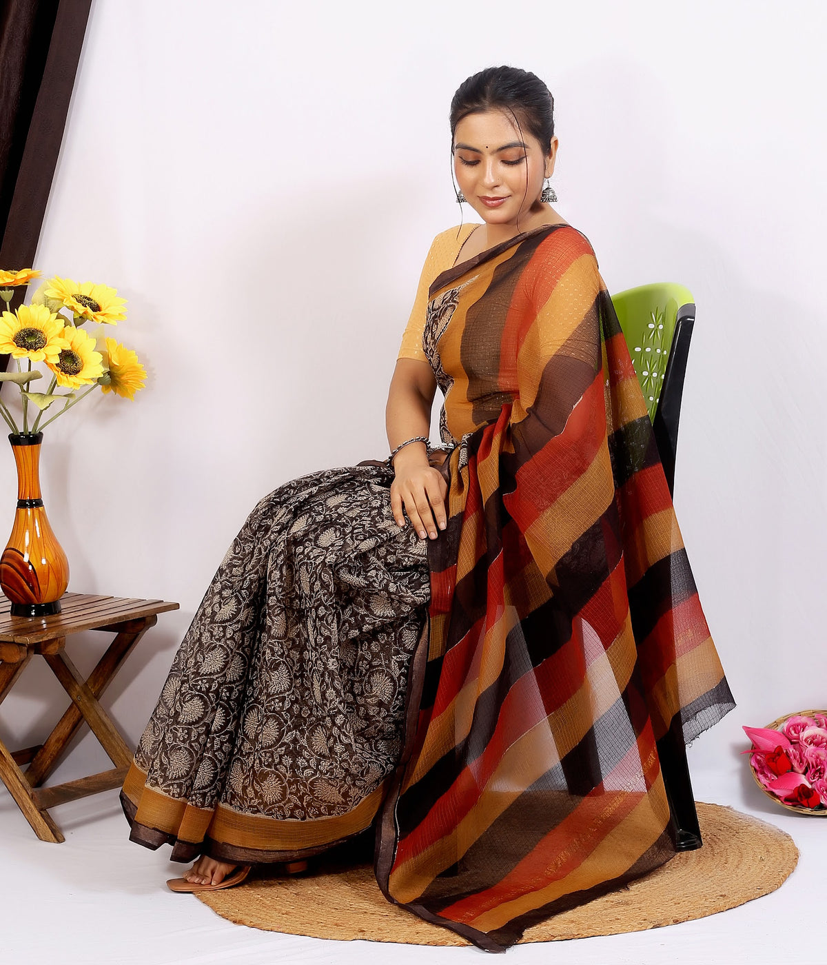 Black Rust Stripe Pallu Kota Doria Hand Block Print Saree with Blouse Saree 12q0zbnyhw4rU1n8-v9jdXK1eSchktzjb_w2000
