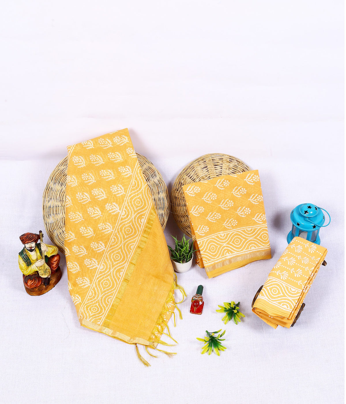 Haldi Buti Yellow Buti Chanderi silk hand block print suit material