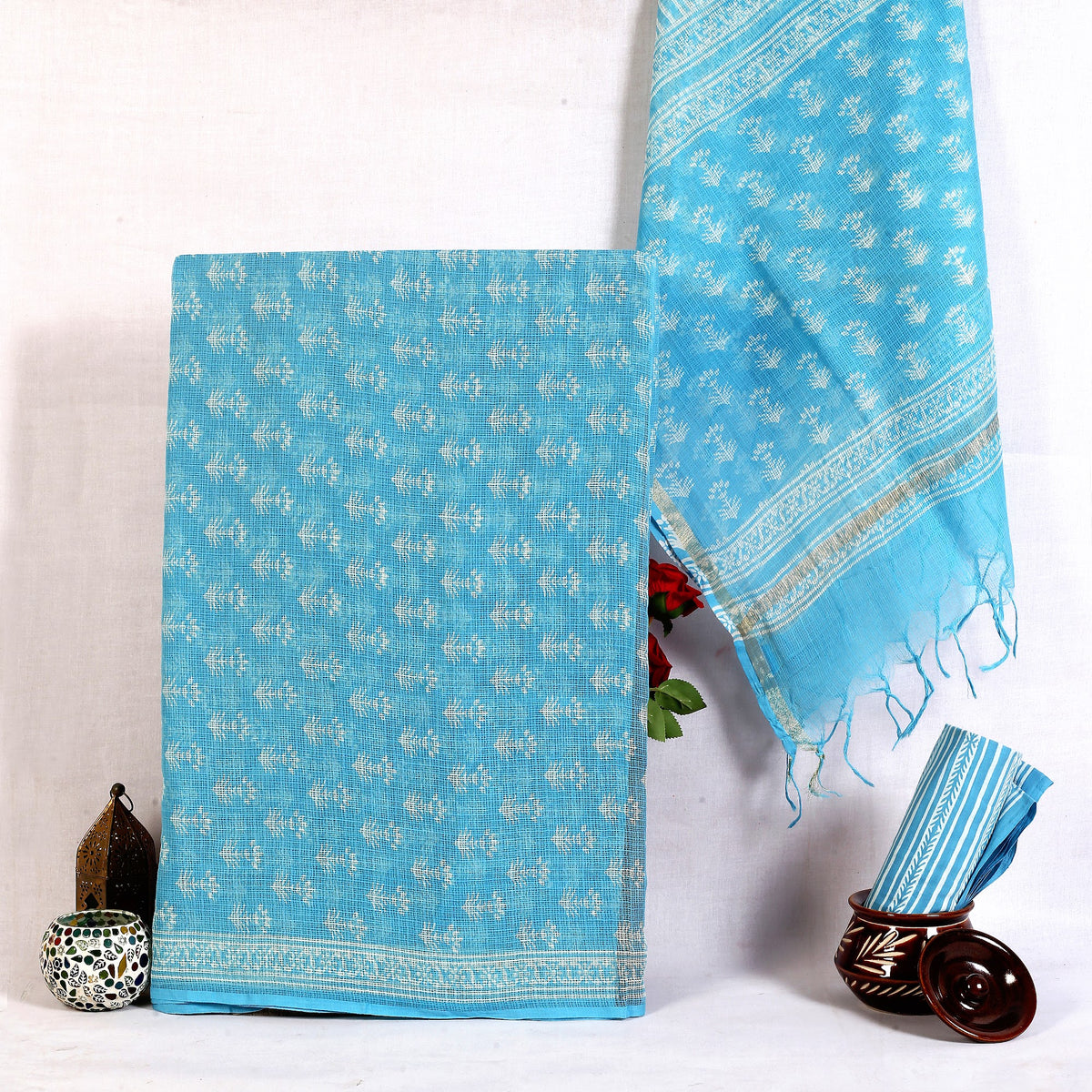 Sky Blue Buta Hand Block Print Pure Kota Doria Suit | Firozi Bel Buta | Unstitched 3 Piece (Top & Dupatta Kota) | Wholesale Suit Material 139TJpji8rHlV_bLzxITubbVduJsiXhXr_w2000