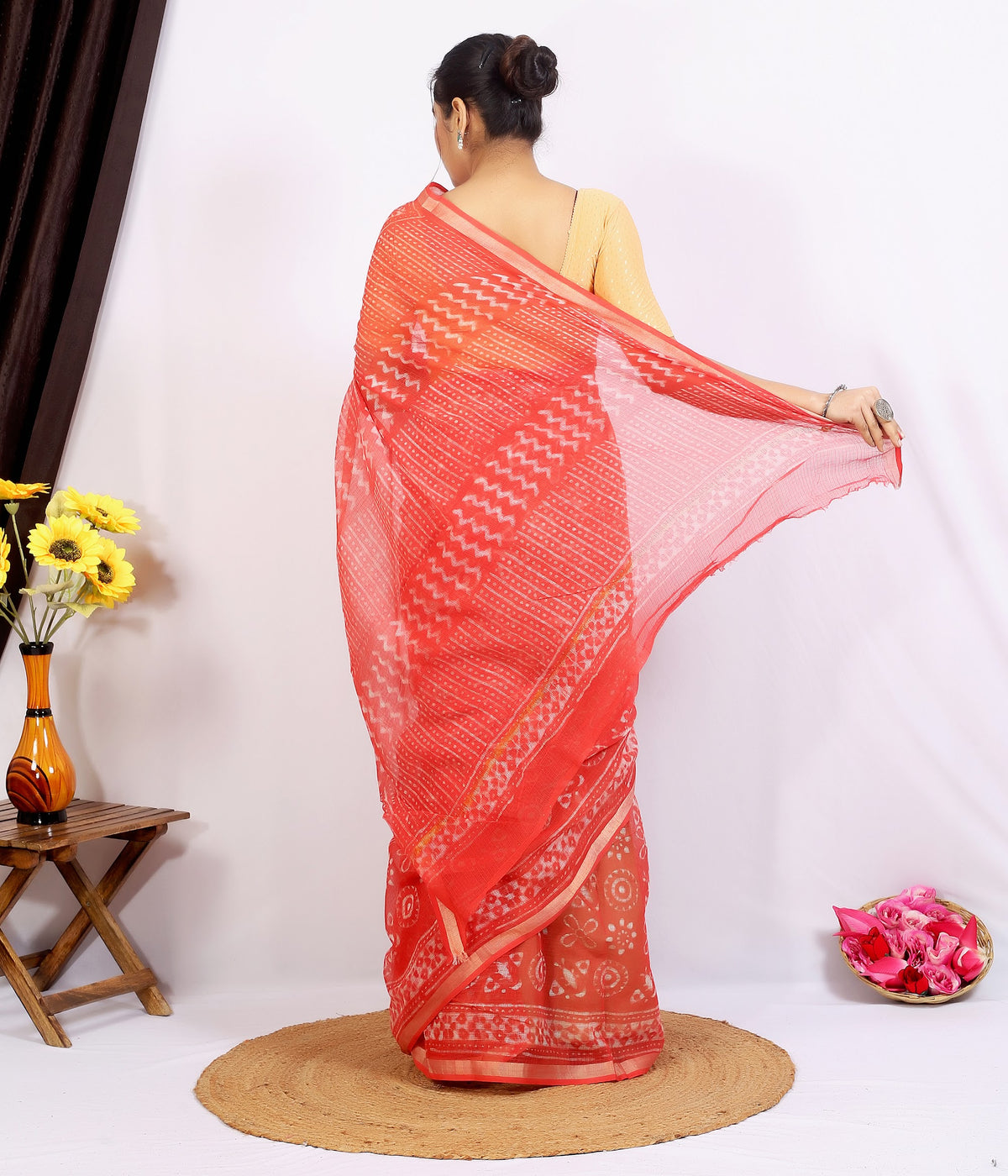 Coral Floral Buta Kota Doria bagru hand block print saree with blouse – coral – wholesale Jaipur – view 4