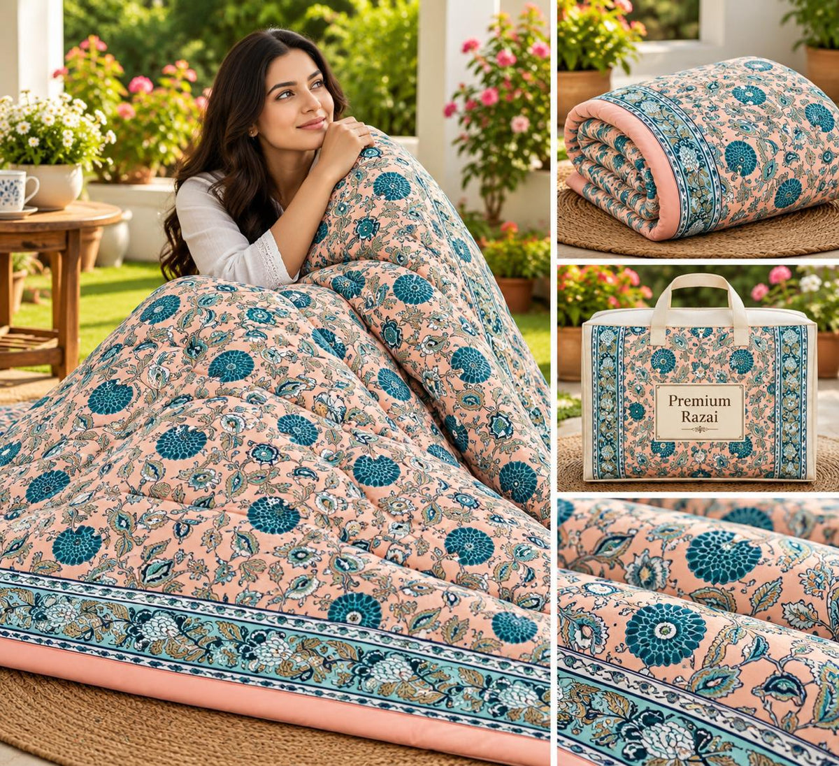 Peach Teal Floral Jaipuri Mulmul Razai – Reversible, Cotton Filled Razai 13b9ALdDcE13dsu3wl9gwWWZhvfveabtD_w2000
