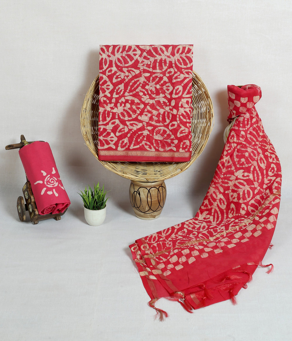 Moonga Patti Coral Red Leaf Chanderi silk hand block print suit material
