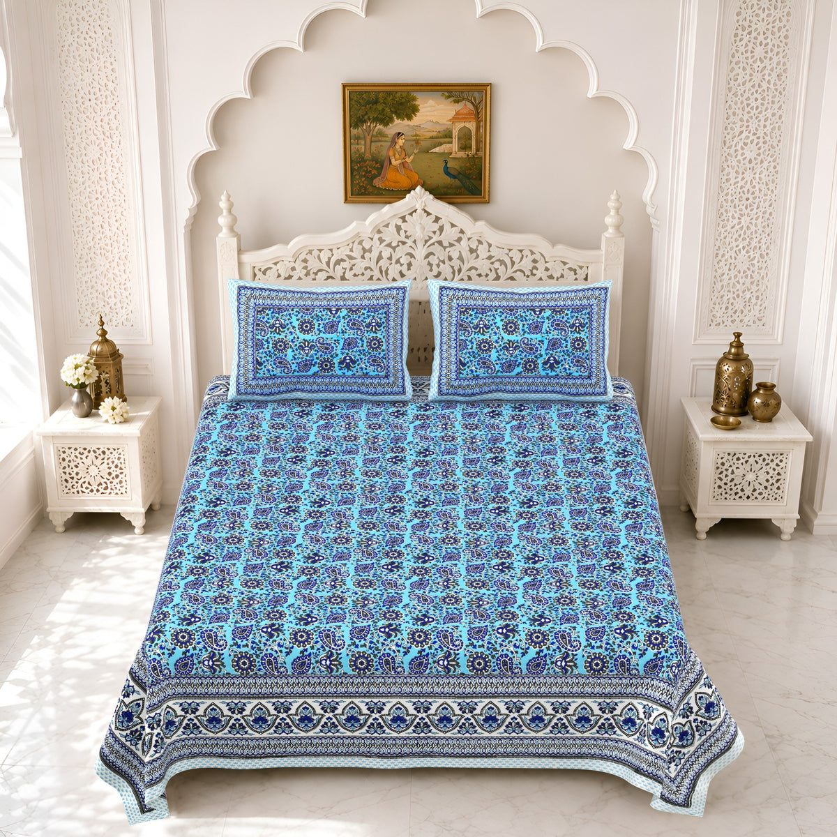 Premium Royal Block Sky Blue Jaal Cotton Double Bedsheet 90x108 with 2 Pillow Covers Bedsheet 144vEblbg1wcL3z_zjrPGEfsnHSQaROHN_w2000