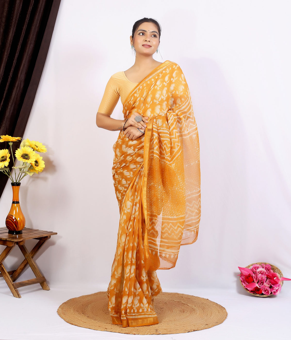 Orange Bagru Jaal Kota Doria bagru hand block print saree with blouse – orange – wholesale Jaipur