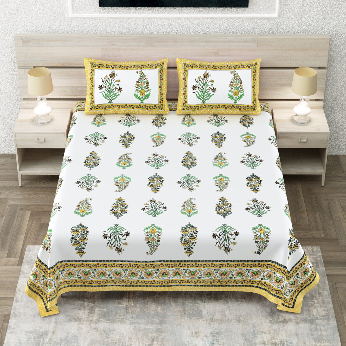 Avantika Yellow Border Leaf Buta Cotton King Size Bedsheet With 2 Pillow Covers Bedsheet 14QiFHRyH4NT6vswG4SZ2BXz3UJA-fivR_w2000