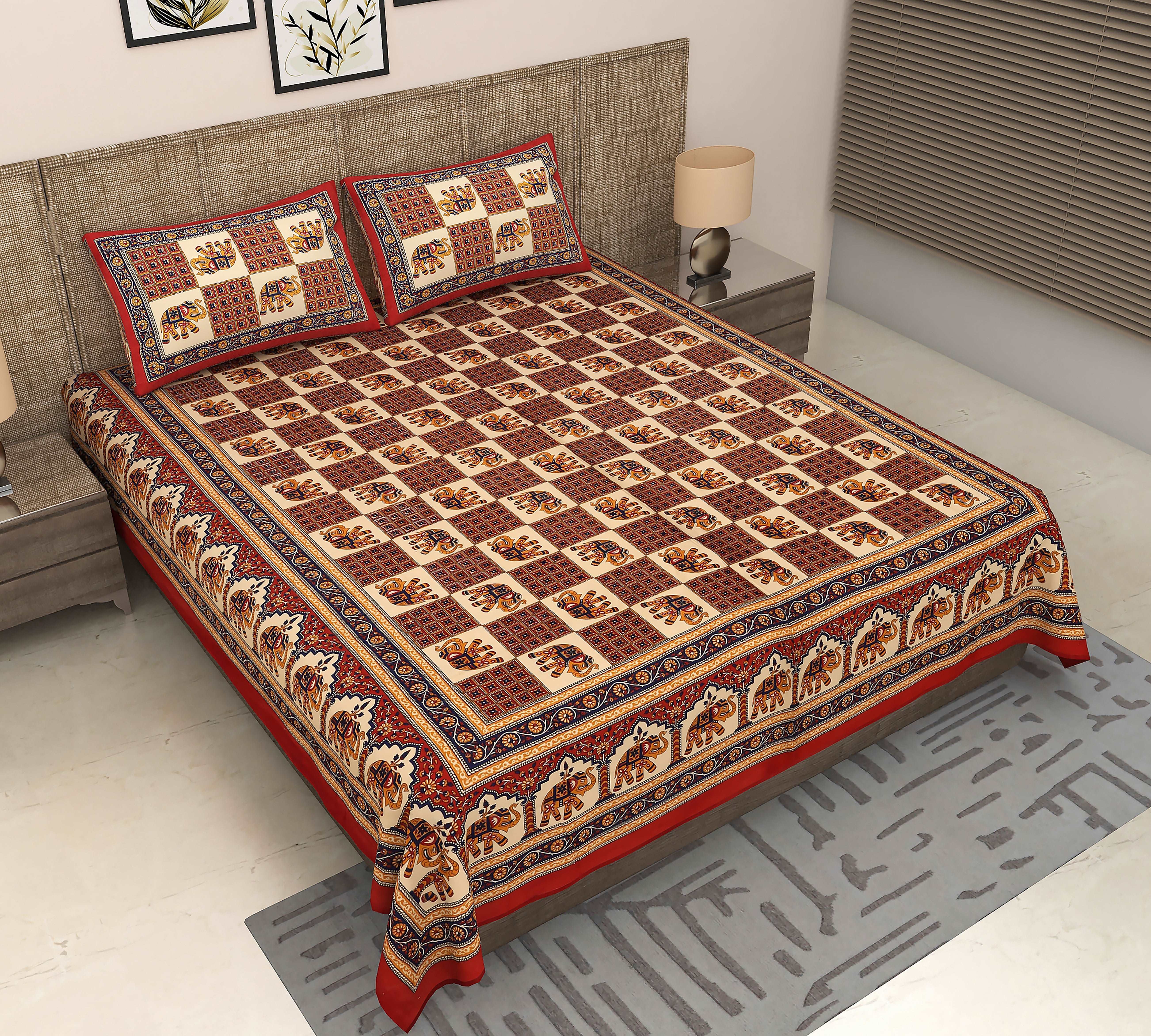 Jaipuri Chokda Elephant Printed King Size Bedsheet