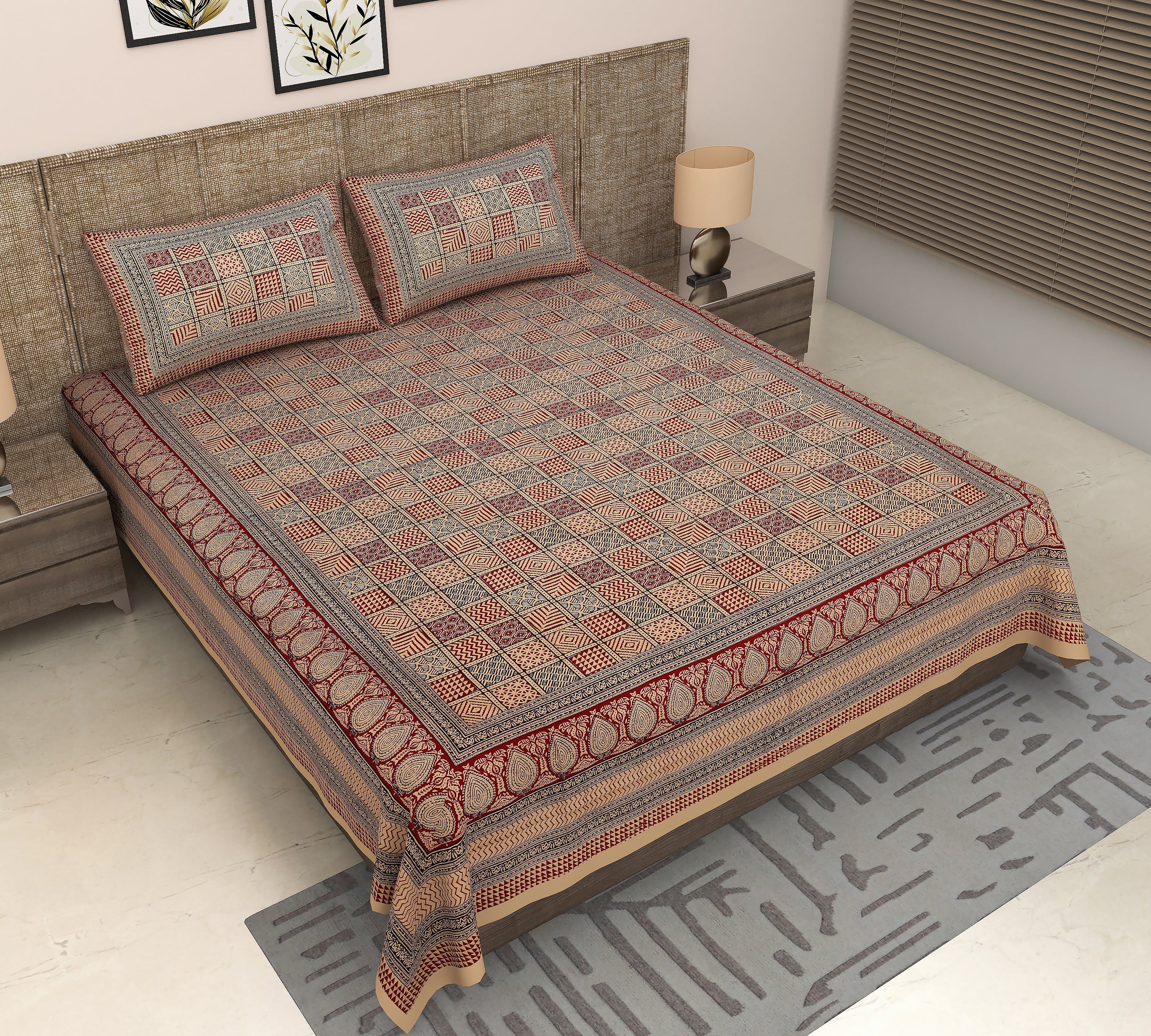 Vibrant Elegance: Jaipuri Ajrakh Chokda King Size Cotton Bedsheet